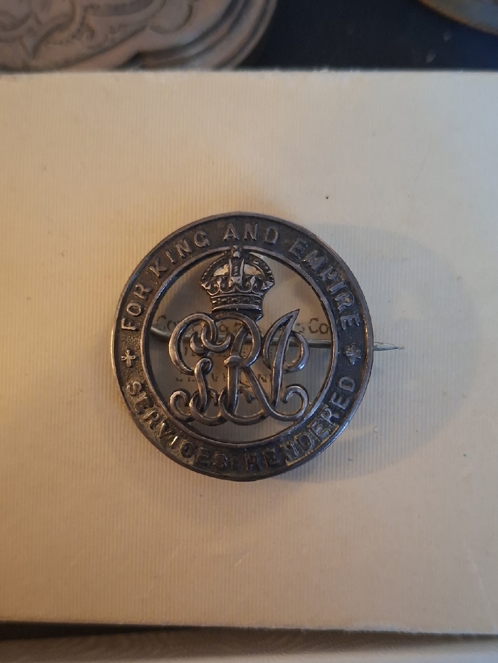 Antique Silver 'For King and Empire' WW1 Service Pin.